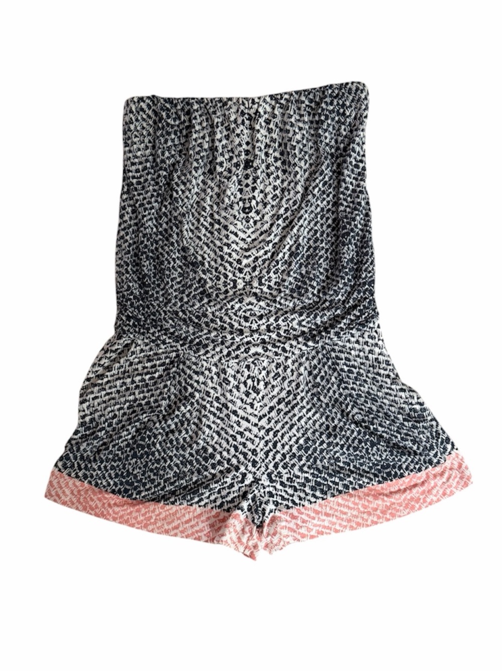Tart Grey and White Printed Strapless Romper with coral Accents, pockets M